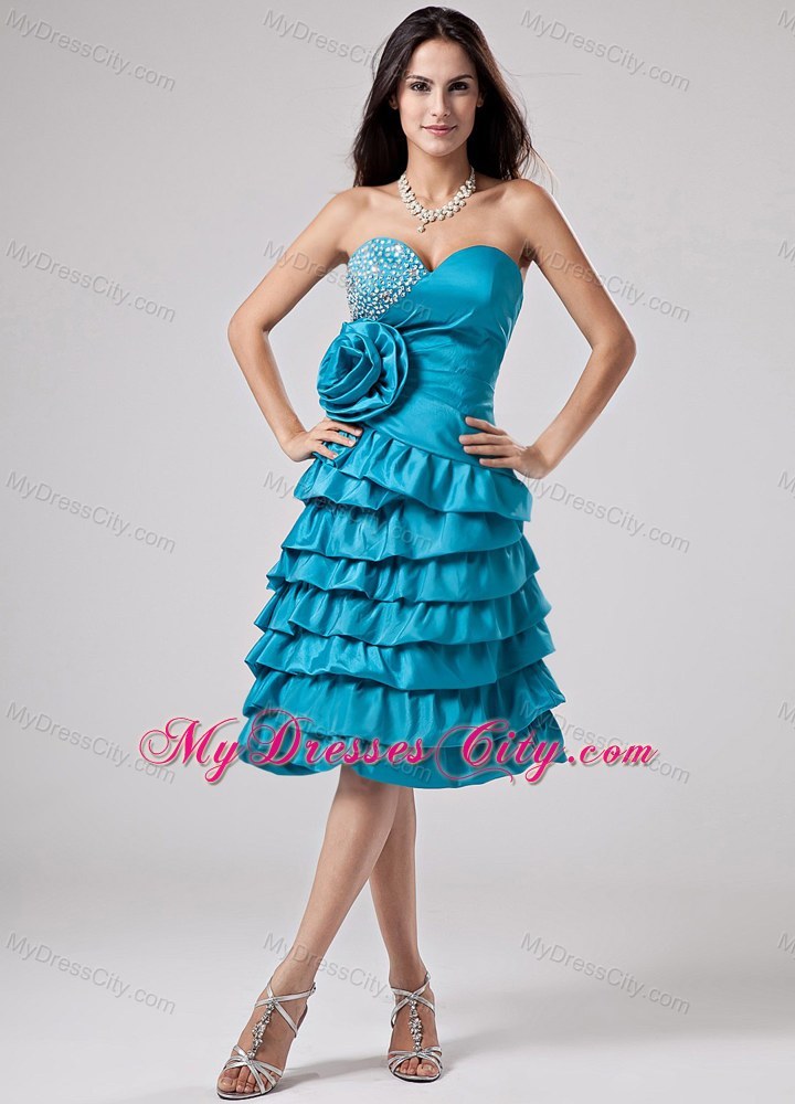 Ruffled Layeres Teal Prom Homecoming Dresses Hand Made Flower