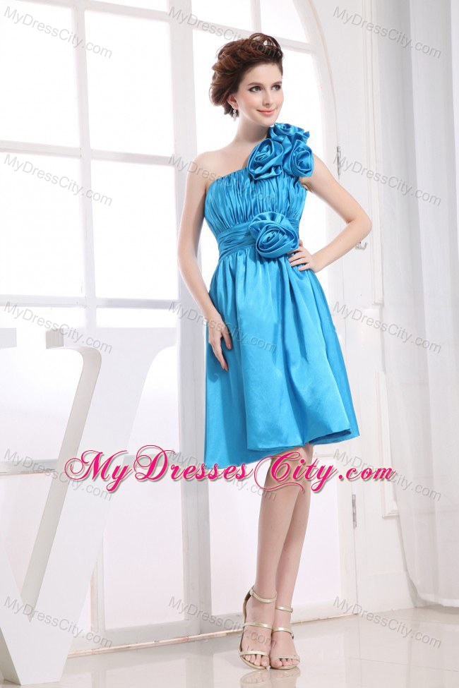 Hand Made Flowers Aqua Blue One Shoulder Homecoming Prom Dress