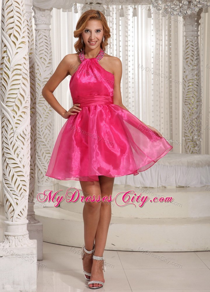 Halter Hot Pink Organza Short Homecoming Cocktail Dress Beading