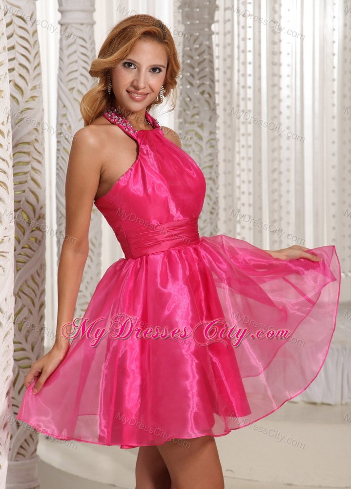 Halter Hot Pink Organza Short Homecoming Cocktail Dress Beading