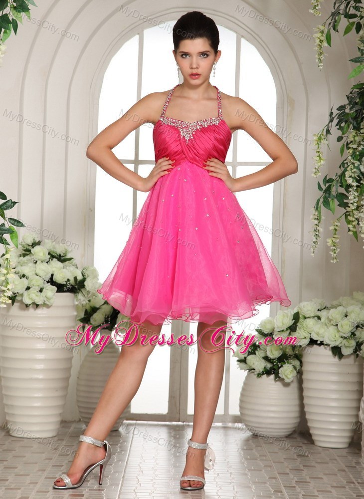 Beaded Halter Hot Pink Homecoming Prom Dresses with Cool Back