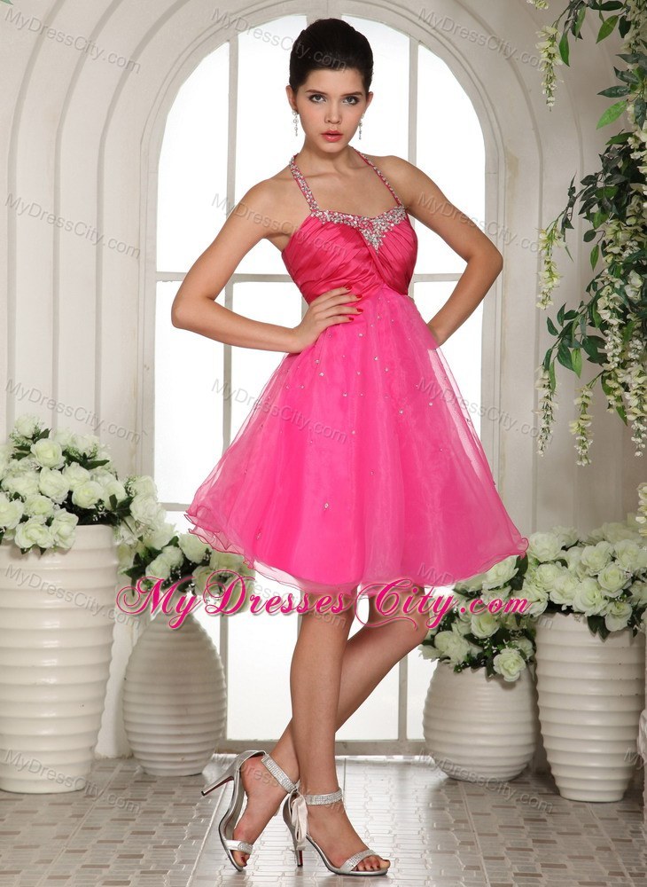 Beaded Halter Hot Pink Homecoming Prom Dresses with Cool Back