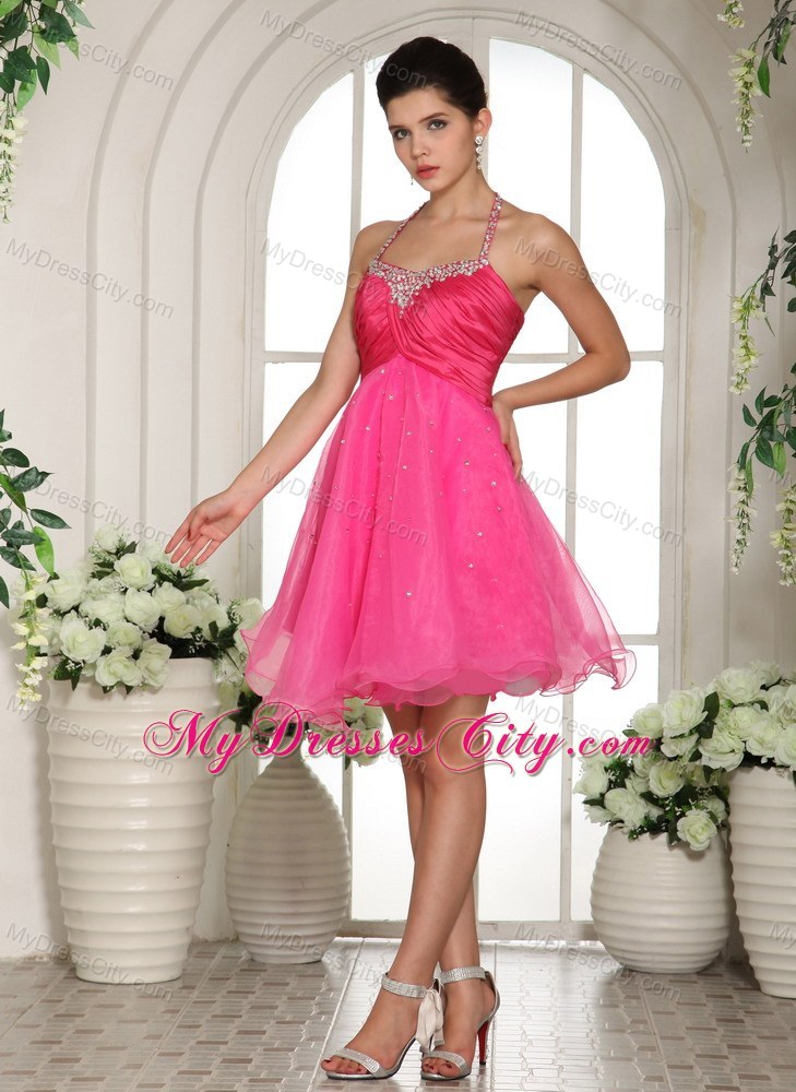 Beaded Halter Hot Pink Homecoming Prom Dresses with Cool Back