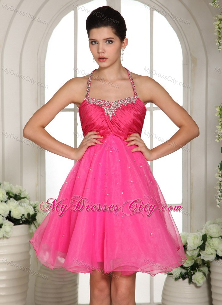 Beaded Halter Hot Pink Homecoming Prom Dresses with Cool Back