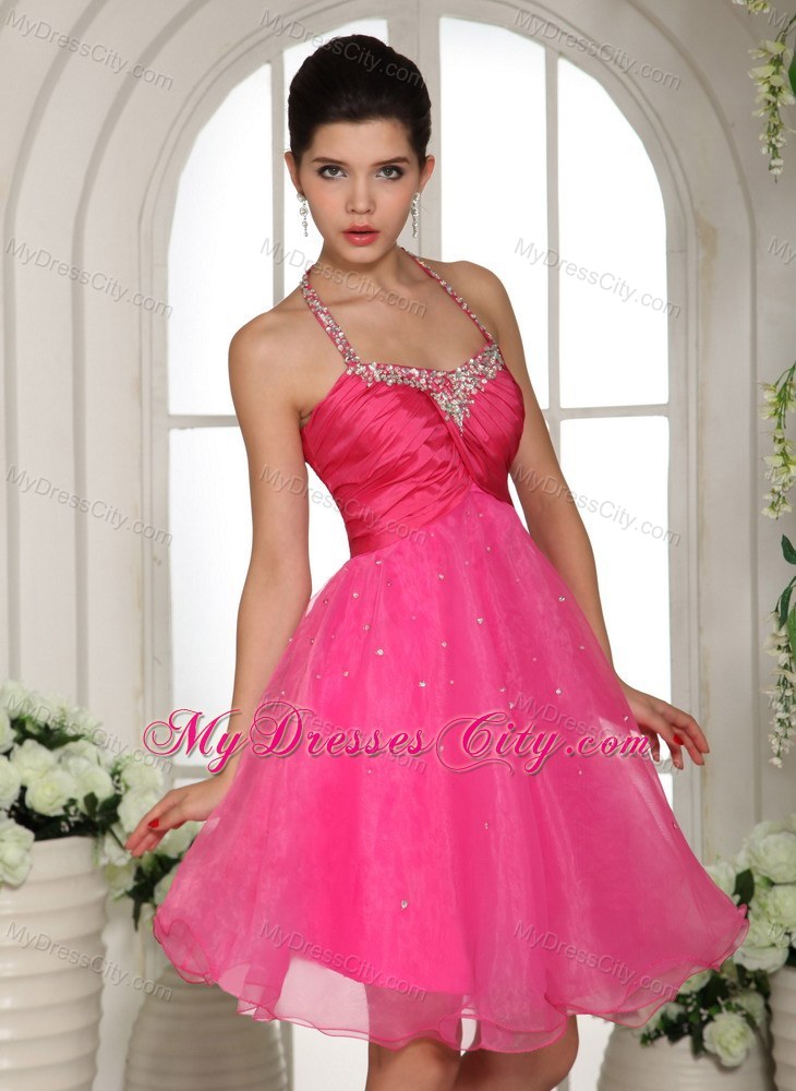 Beaded Halter Hot Pink Homecoming Prom Dresses with Cool Back