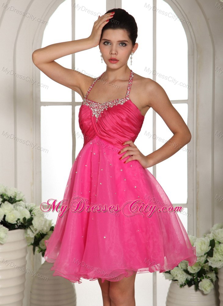 Beaded Halter Hot Pink Homecoming Prom Dresses with Cool Back