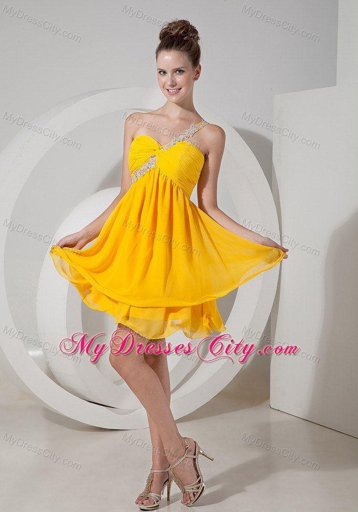 Appliques One Shoulder Yellow Chiffon Beading Homecoming Dress