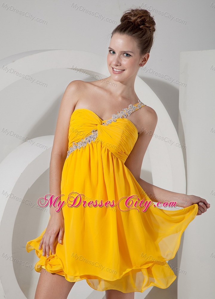 Appliques One Shoulder Yellow Chiffon Beading Homecoming Dress