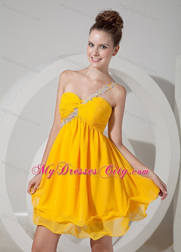 Appliques One Shoulder Yellow Chiffon Beading Homecoming Dress