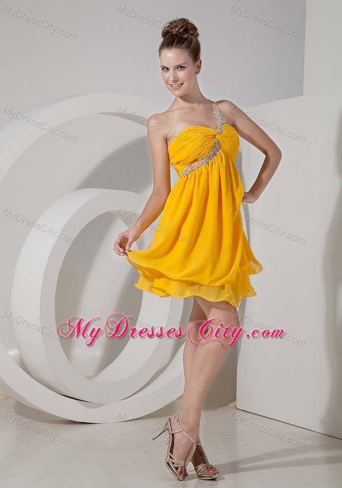 Appliques One Shoulder Yellow Chiffon Beading Homecoming Dress