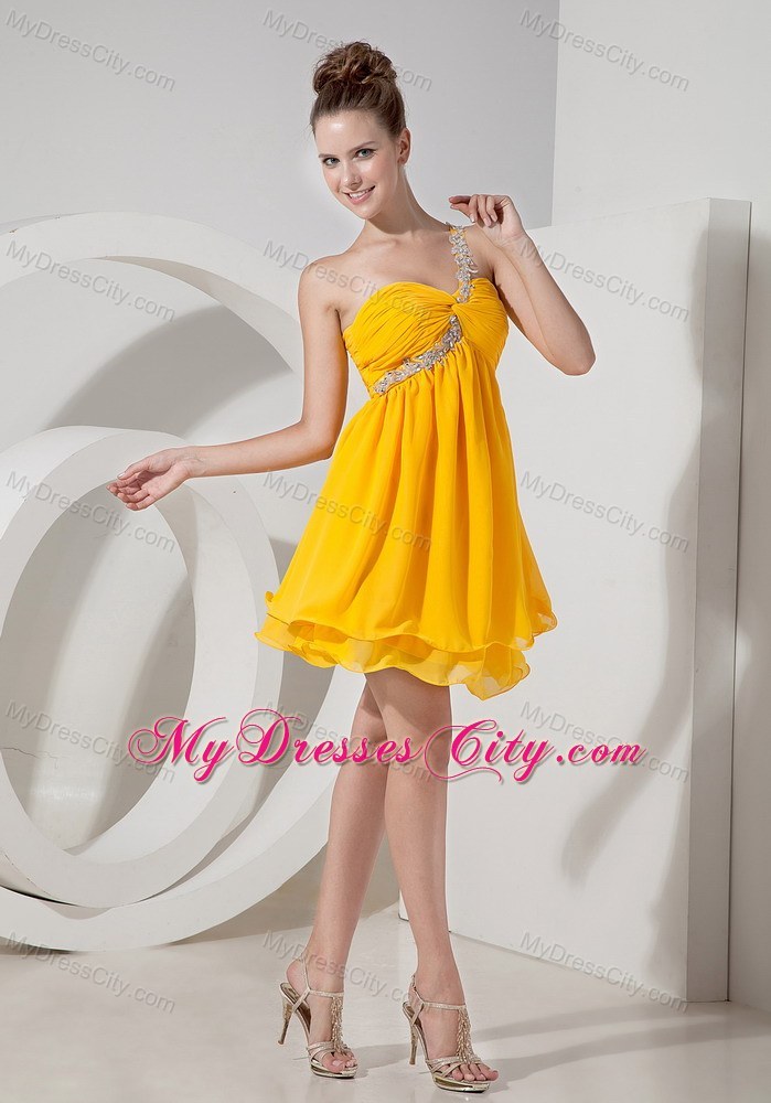 Appliques One Shoulder Yellow Chiffon Beading Homecoming Dress