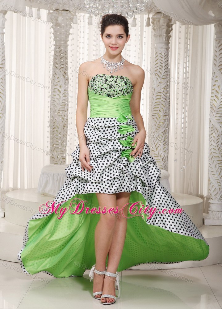 Spring Green Polka Dot High-low Homecoming Prom Dress Beading