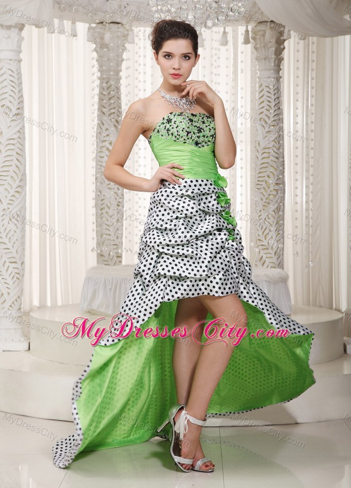 Spring Green Polka Dot High-low Homecoming Prom Dress Beading