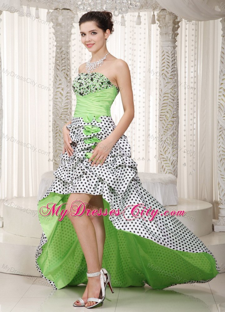 Spring Green Polka Dot High-low Homecoming Prom Dress Beading