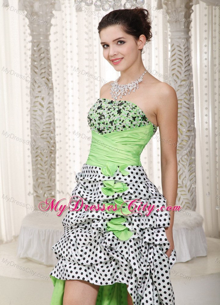 Spring Green Polka Dot High-low Homecoming Prom Dress Beading