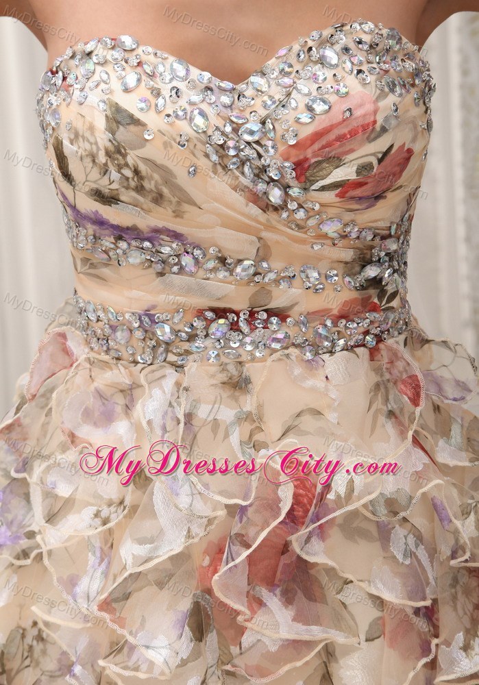 Beaded Colorful Ruffled Printing Short Prom Homecoming Dresses