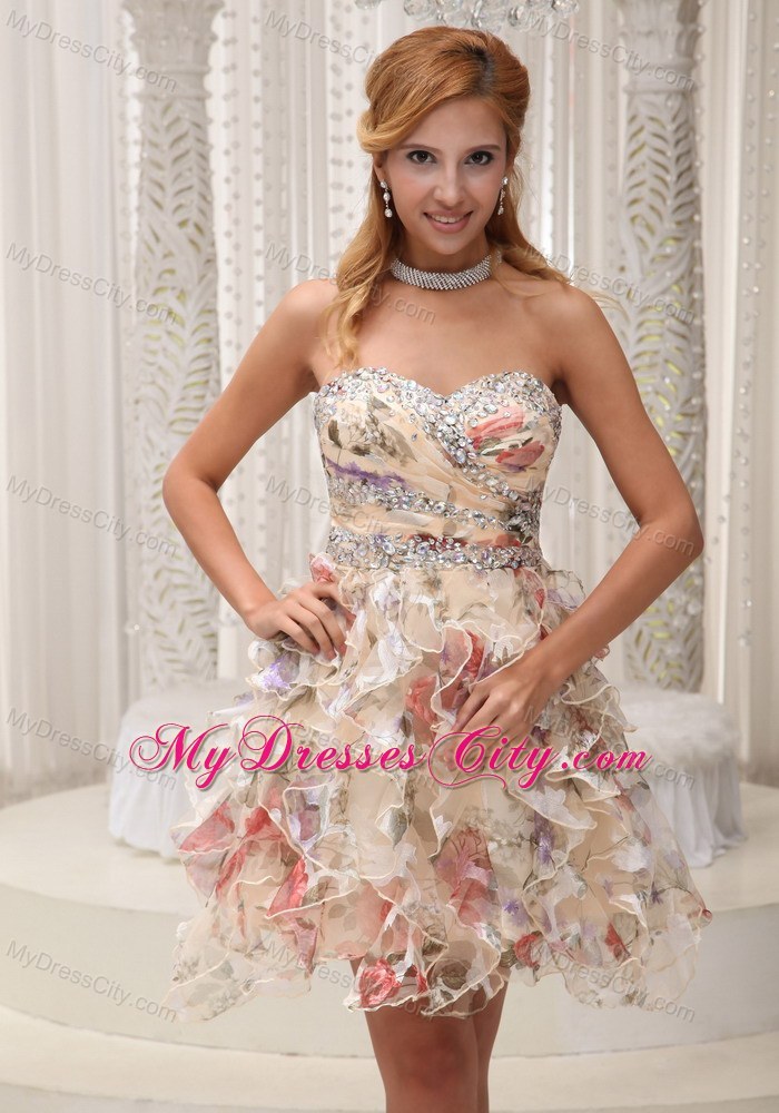 Beaded Colorful Ruffled Printing Short Prom Homecoming Dresses