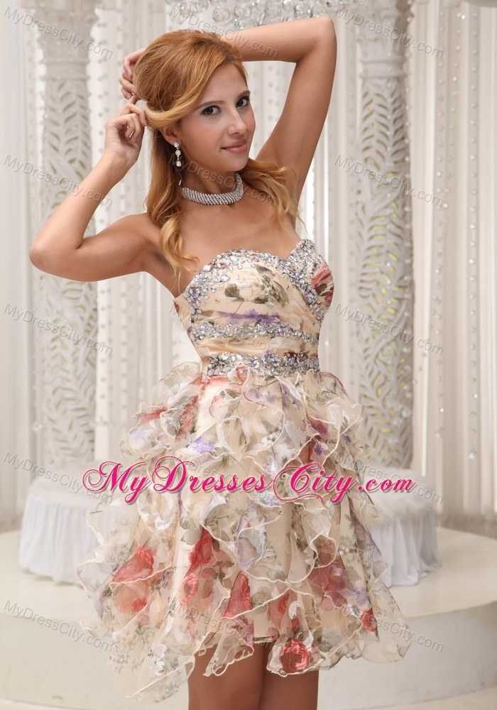 Beaded Colorful Ruffled Printing Short Prom Homecoming Dresses