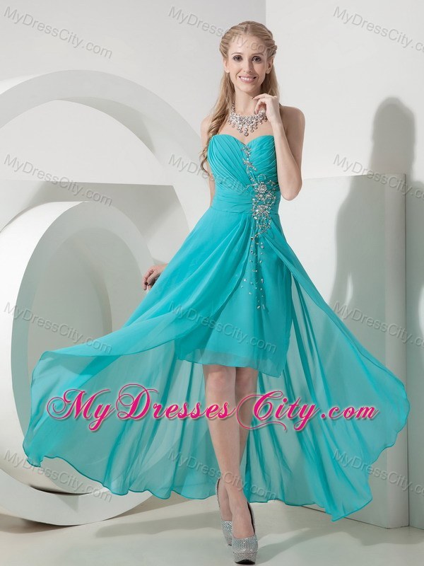 Turquoise High-low Ruched Prom Homecoming Dress Chiffon Beading