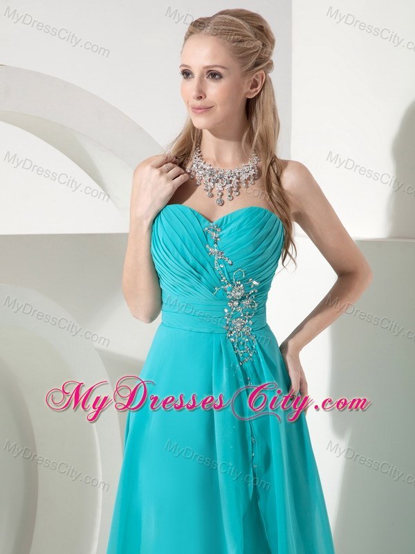 Turquoise High-low Ruched Prom Homecoming Dress Chiffon Beading