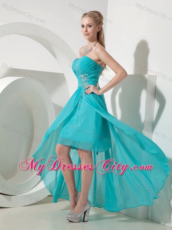 Turquoise High-low Ruched Prom Homecoming Dress Chiffon Beading