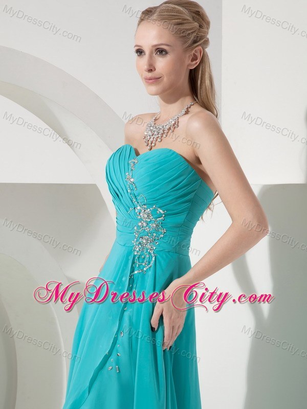 Turquoise High-low Ruched Prom Homecoming Dress Chiffon Beading