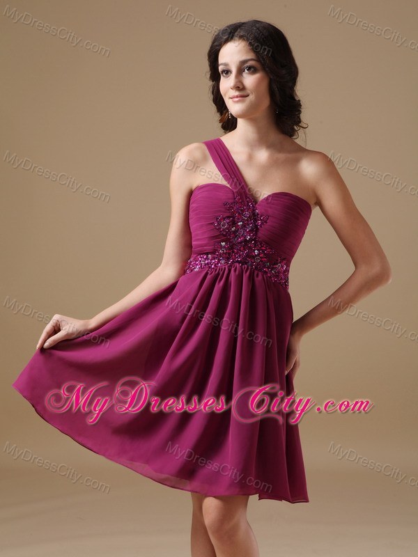 Fuchsia One Shoulder Floral Embellishment Beaded Cocktail Dress