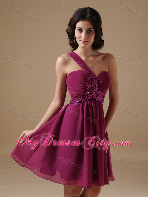 Fuchsia One Shoulder Floral Embellishment Beaded Cocktail Dress