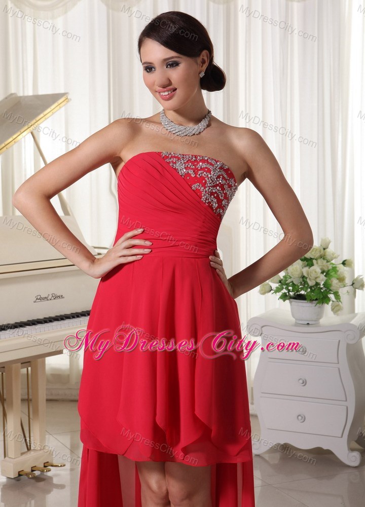 Red Beaded Chiffon High-low Ruching Homecoming Cocktail Dress