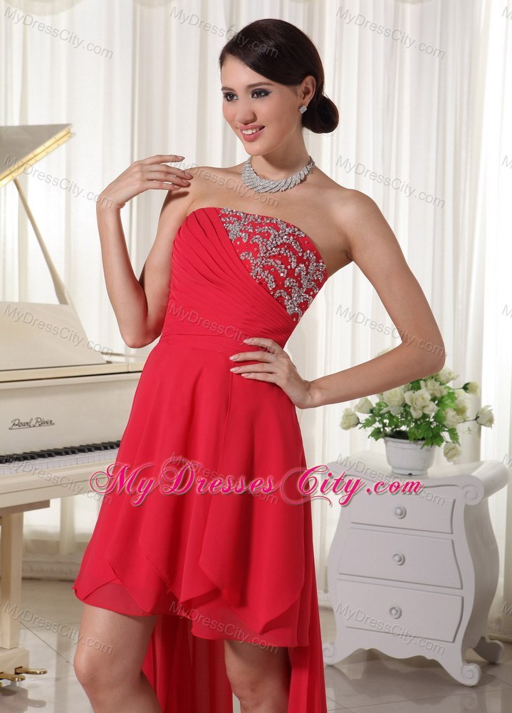 Red Beaded Chiffon High-low Ruching Homecoming Cocktail Dress