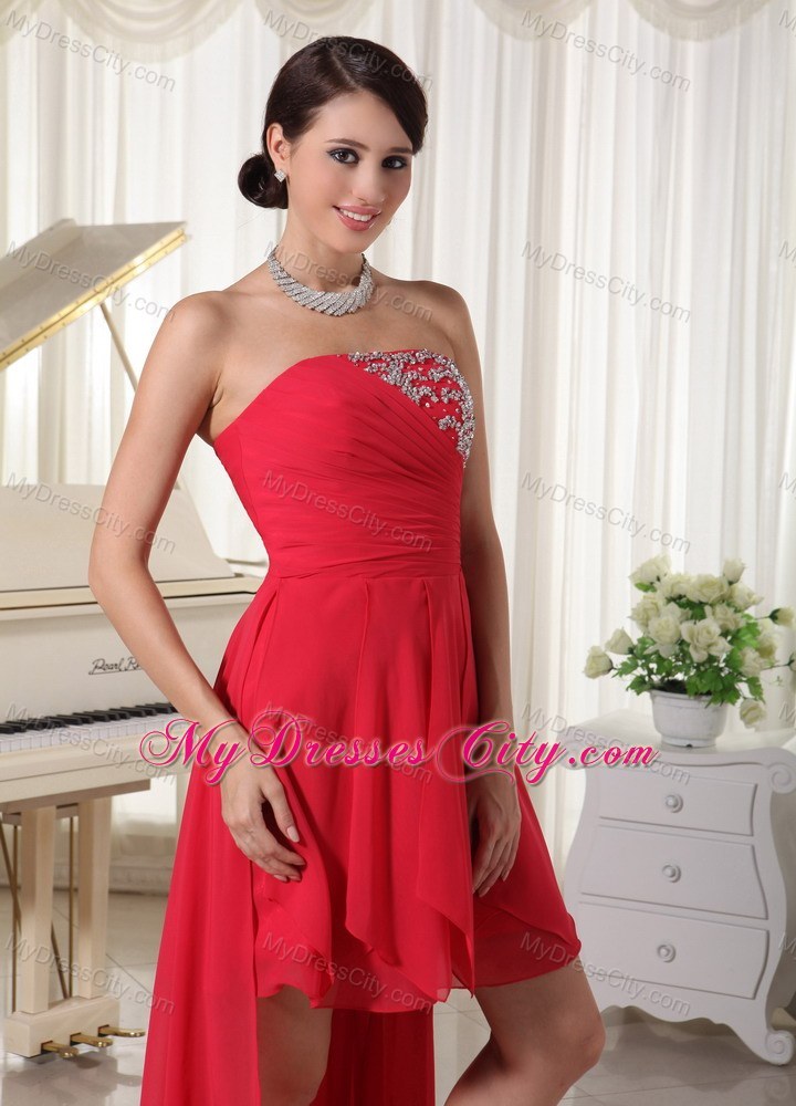 Red Beaded Chiffon High-low Ruching Homecoming Cocktail Dress