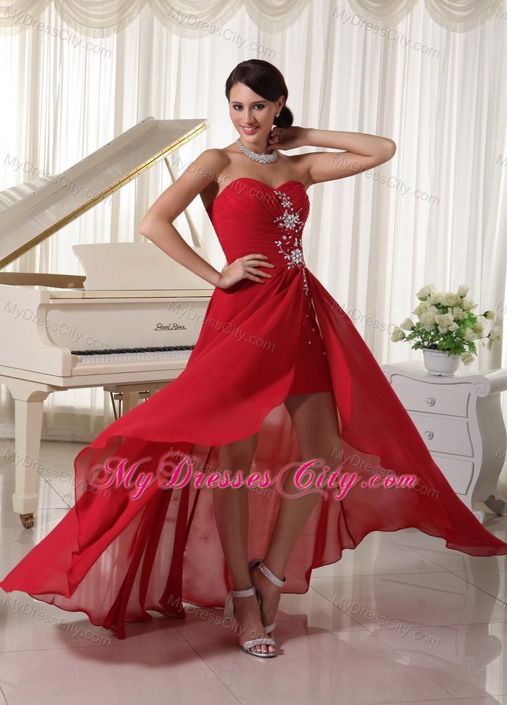 High-low Beaded Chiffon Prom Homecoming Dresses Red Ruching