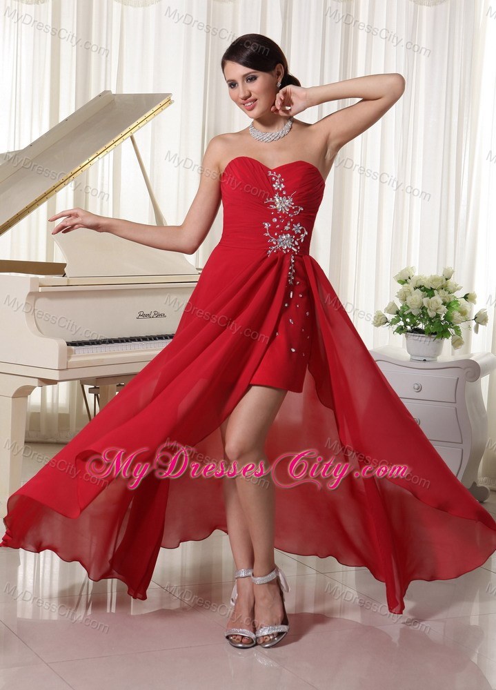 High-low Beaded Chiffon Prom Homecoming Dresses Red Ruching