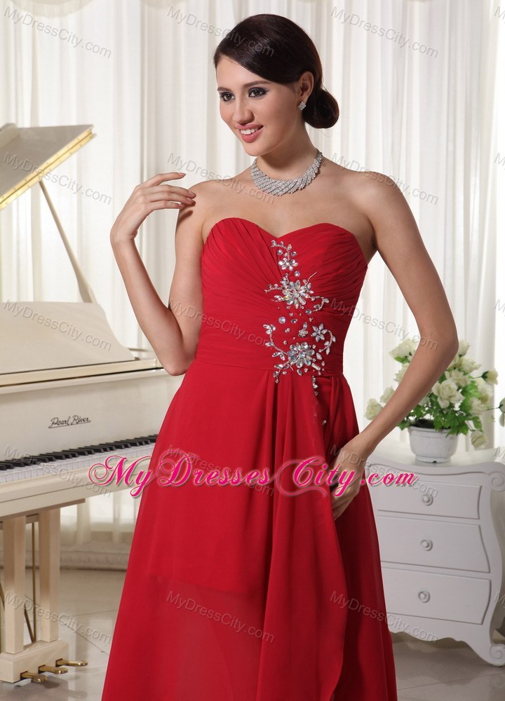 High-low Beaded Chiffon Prom Homecoming Dresses Red Ruching