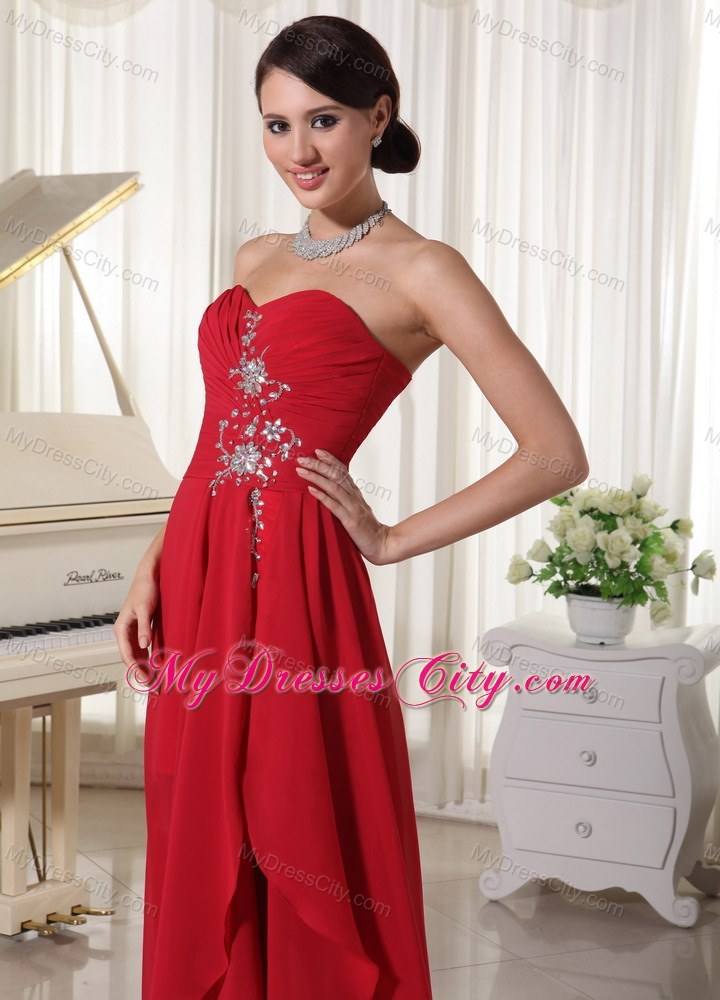 High-low Beaded Chiffon Prom Homecoming Dresses Red Ruching