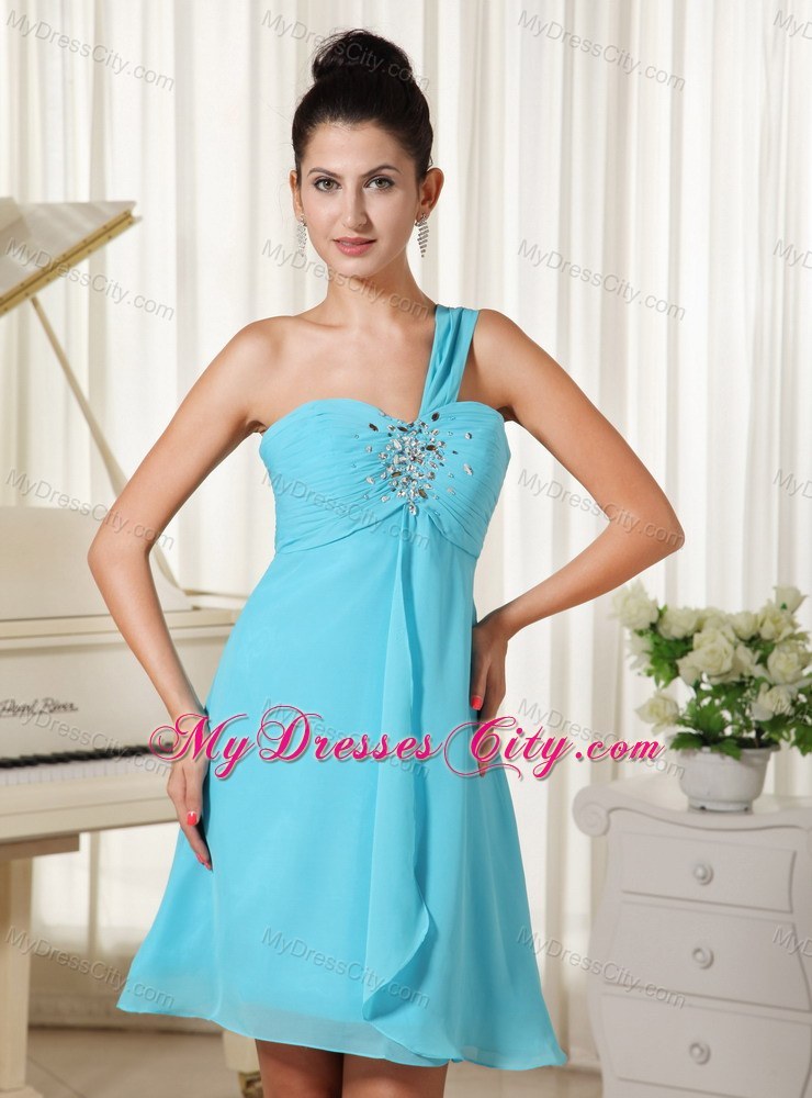 One Shoulder Beaded Chiffon Ruched Aqua Blue Homecoming Dress