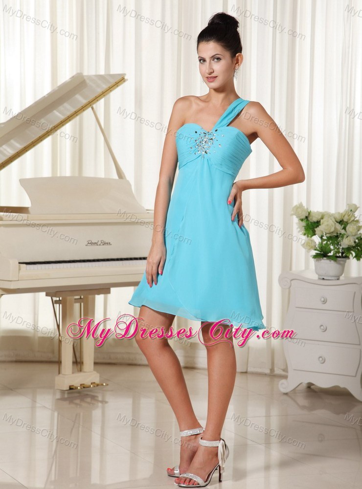 One Shoulder Beaded Chiffon Ruched Aqua Blue Homecoming Dress