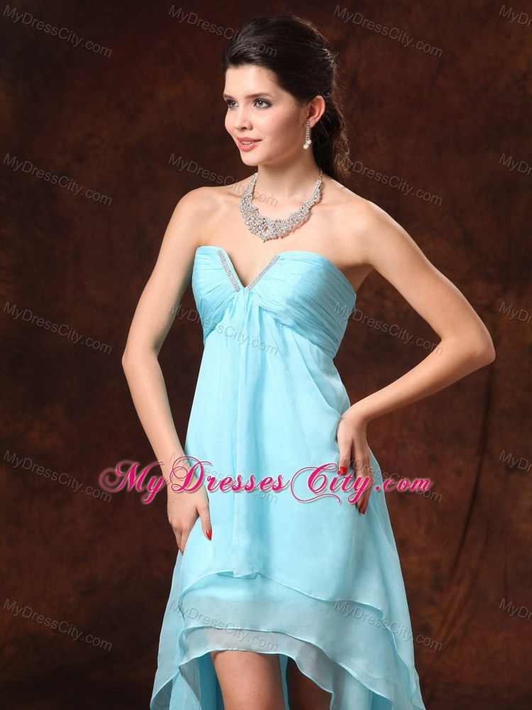 Auqa Blue High-low Beading Homecoming Dress With Side Zipper