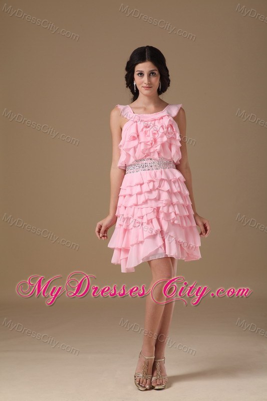 Ruffled Layers Pink Scoop Short Chiffon Beaded Homecoming Dress