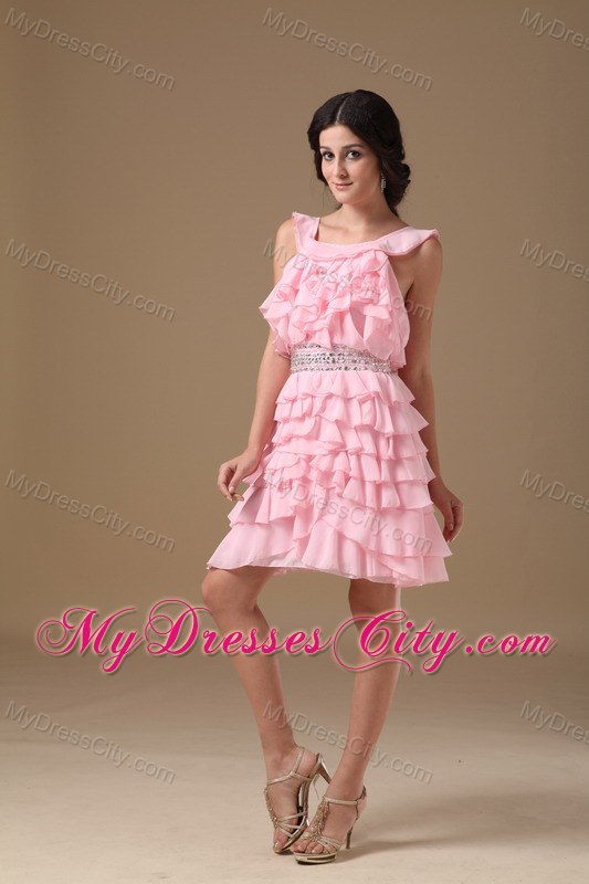 Ruffled Layers Pink Scoop Short Chiffon Beaded Homecoming Dress