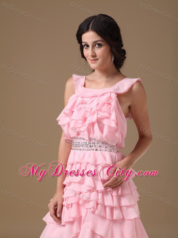 Ruffled Layers Pink Scoop Short Chiffon Beaded Homecoming Dress