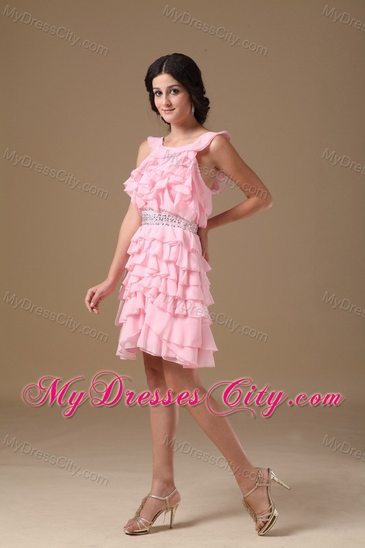 Ruffled Layers Pink Scoop Short Chiffon Beaded Homecoming Dress