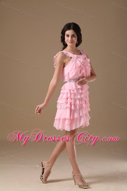 Ruffled Layers Pink Scoop Short Chiffon Beaded Homecoming Dress