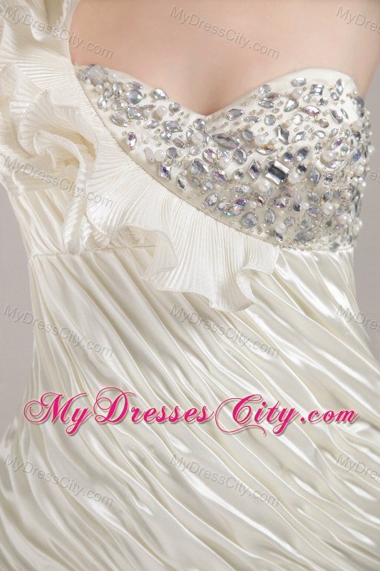 White Ruffled Shoulder Ruching Beaded Prom Homecoming Dresses