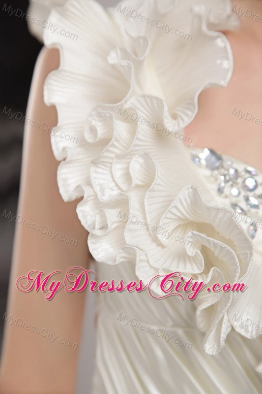 White Ruffled Shoulder Ruching Beaded Prom Homecoming Dresses