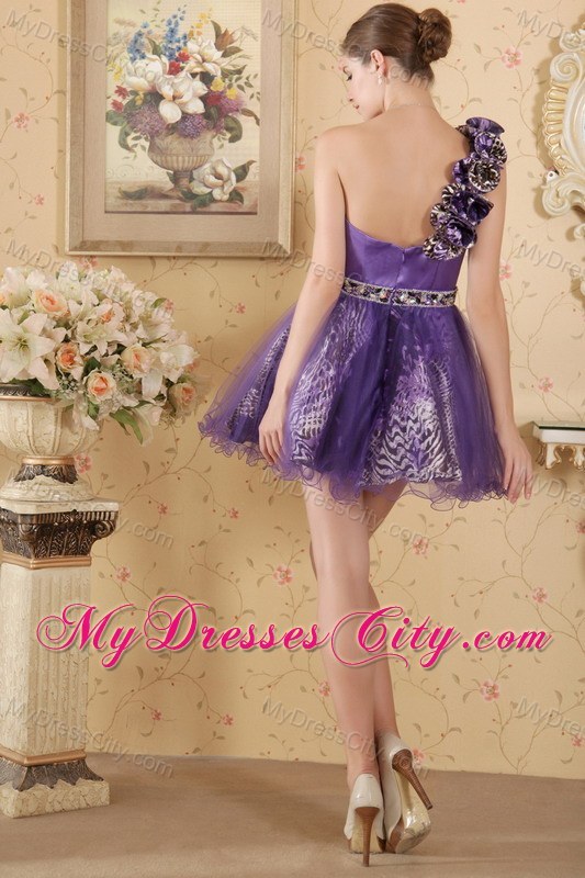 Leopard Hand Flowers Prom Homecoming Dress Purple One Shoulder