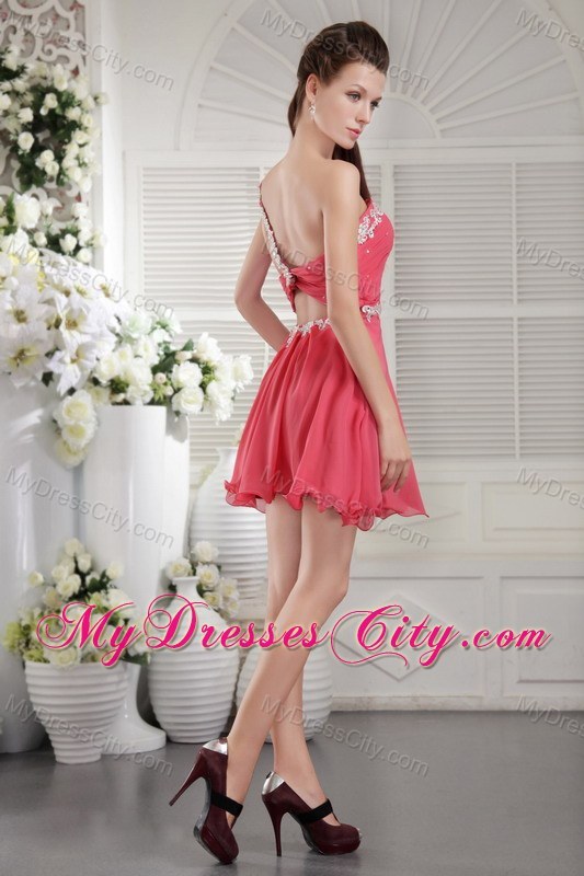 Appliques One Shoulder Coral Homecoming Dress with Cutout Back