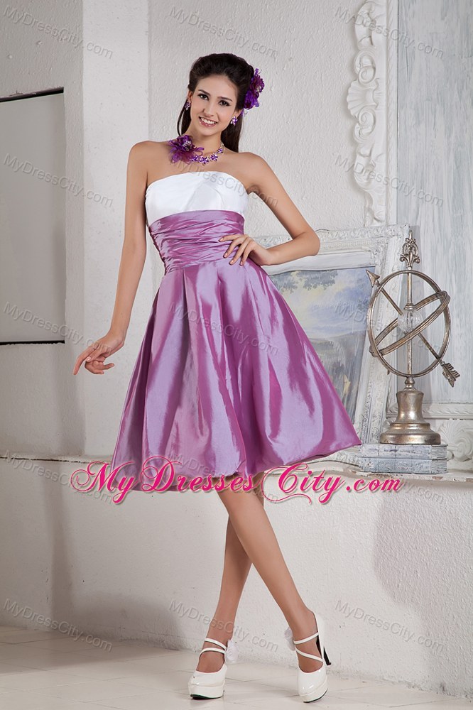 Lavender and White Ruched Celebrity Dress Under 100 in Knee-length