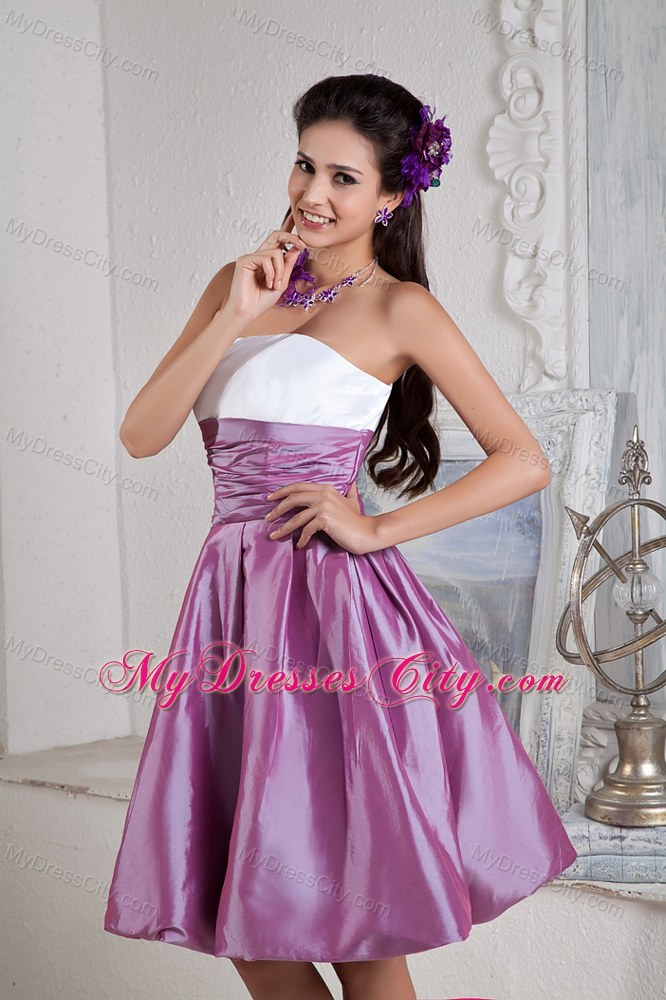 Lavender and White Ruched Celebrity Dress Under 100 in Knee-length