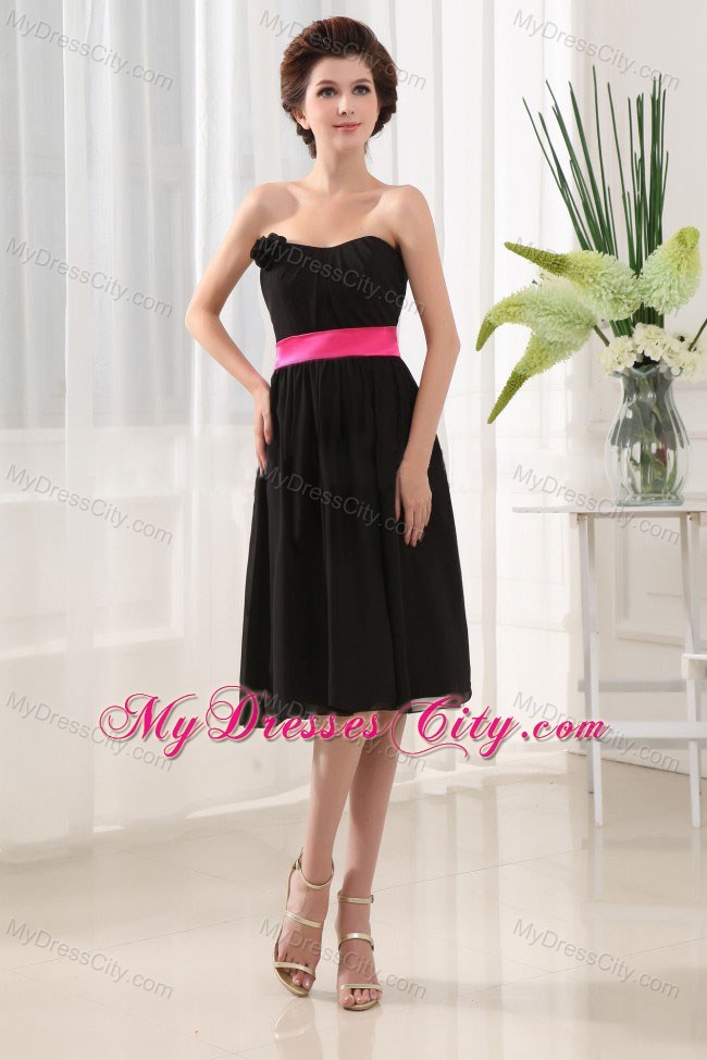 Black Chiffon Knee-length Bridesmaid Dress with Hot Pink Sash